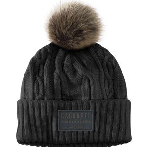 Carhartt Charcoal Cable Knit Beanie with Faux Fur Pom